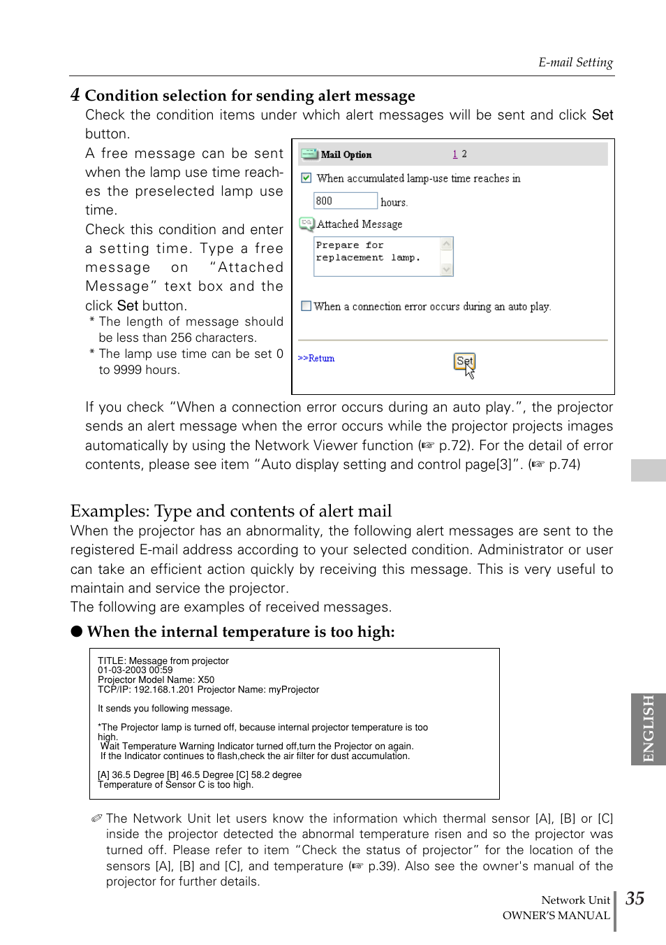 Examples: type and contents, Examples: type and contents of alert mail, Condition selection for sending alert message | When the internal temperature is too high | Eiki PjNET-20 User Manual | Page 35 / 114