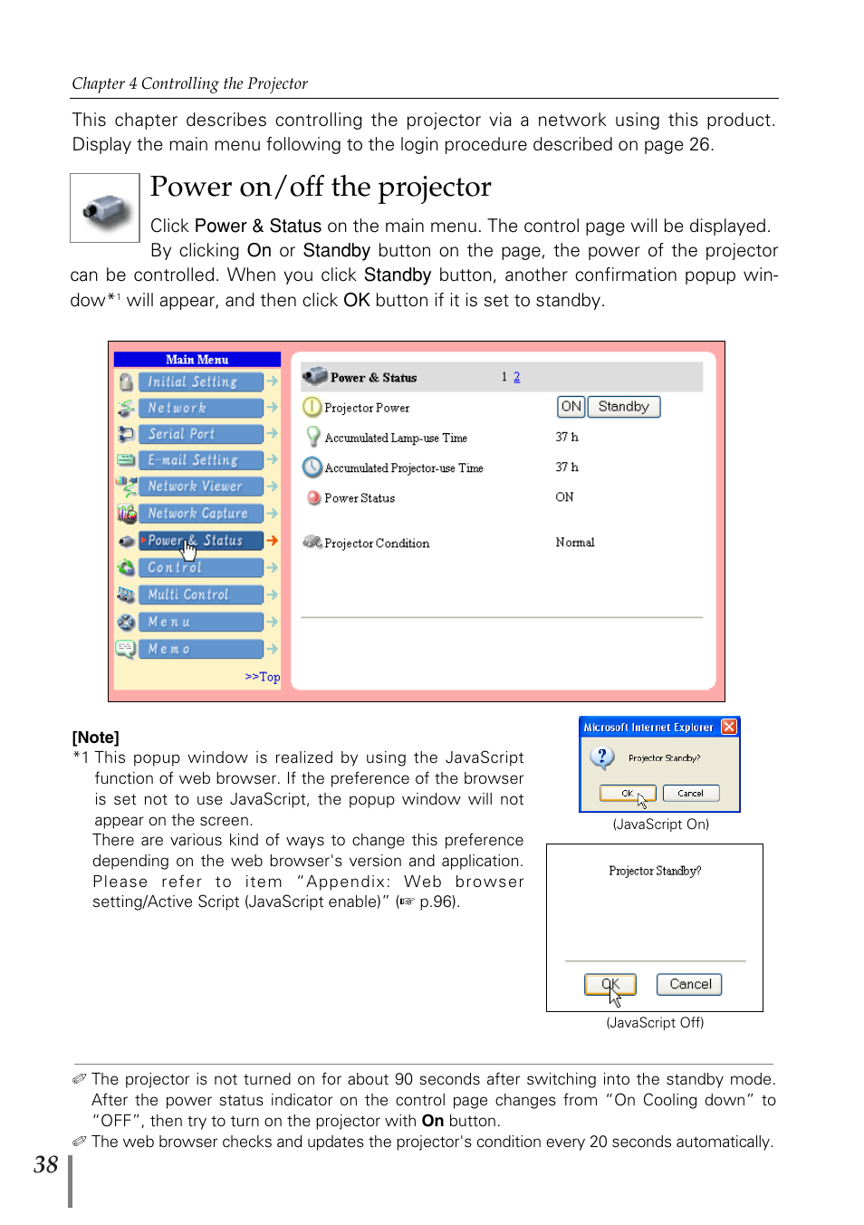 Power on/off the projector | Eiki PjNET-20 User Manual | Page 38 / 114