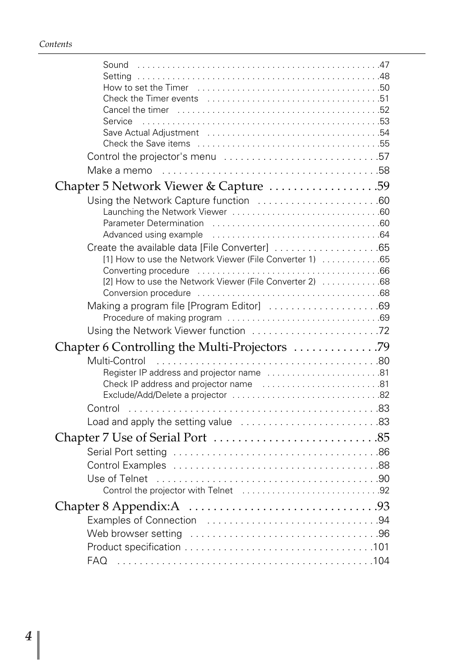 Chapter 5 network viewer & capture, Chapter 6 controlling the multi-projectors, Chapter 7 use of serial port | Chapter 8 appendix:a | Eiki PjNET-20 User Manual | Page 4 / 114