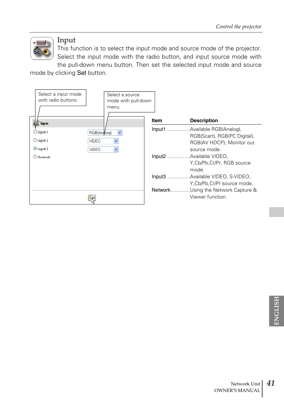 Input | Eiki PjNET-20 User Manual | Page 41 / 114