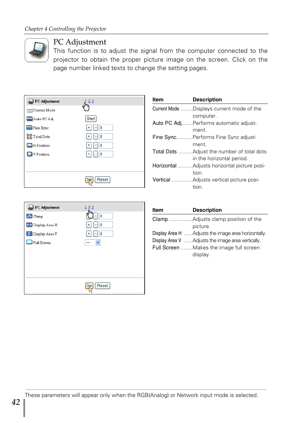 Pc adjustment | Eiki PjNET-20 User Manual | Page 42 / 114