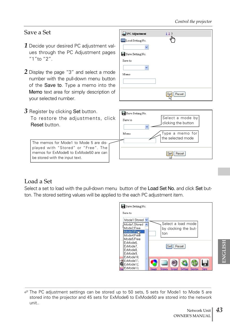 Save a set, Load a set, Save a set load a set | Eiki PjNET-20 User Manual | Page 43 / 114