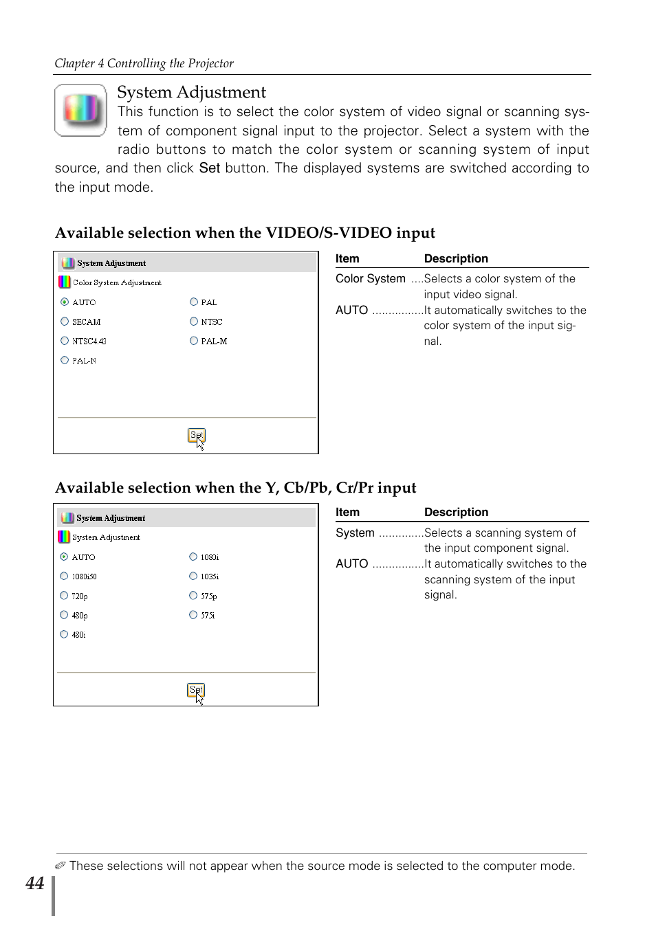 System adjustment | Eiki PjNET-20 User Manual | Page 44 / 114