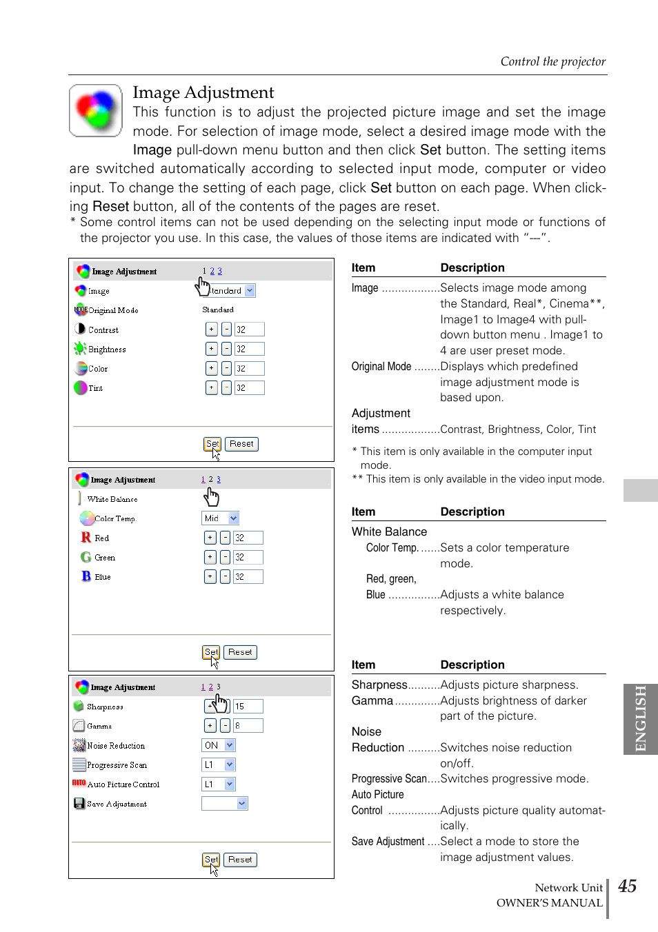 Image adjustment | Eiki PjNET-20 User Manual | Page 45 / 114