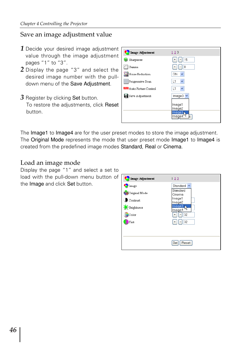Save an image adjustment value, Load an image mode, Save an image adjustment value load an image mode | Eiki PjNET-20 User Manual | Page 46 / 114