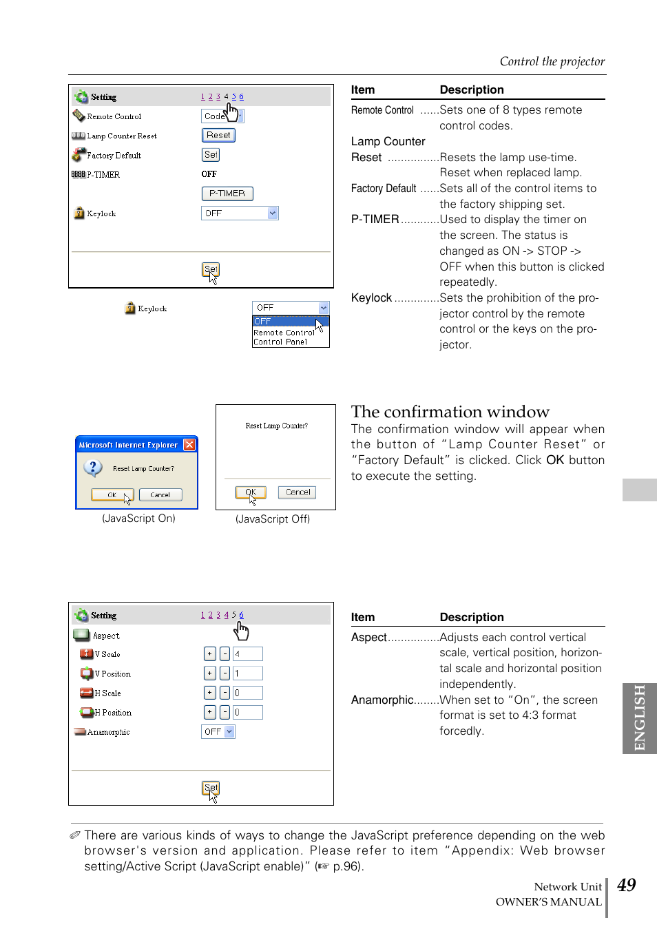 The confirmation window | Eiki PjNET-20 User Manual | Page 49 / 114