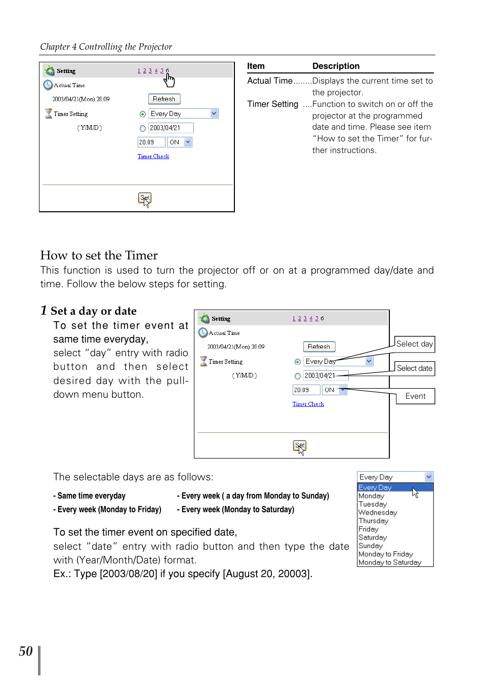 How to set the timer | Eiki PjNET-20 User Manual | Page 50 / 114