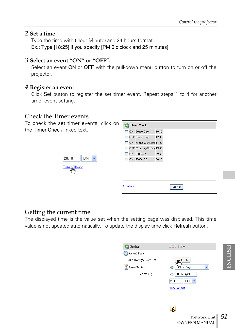 Check the timer events | Eiki PjNET-20 User Manual | Page 51 / 114