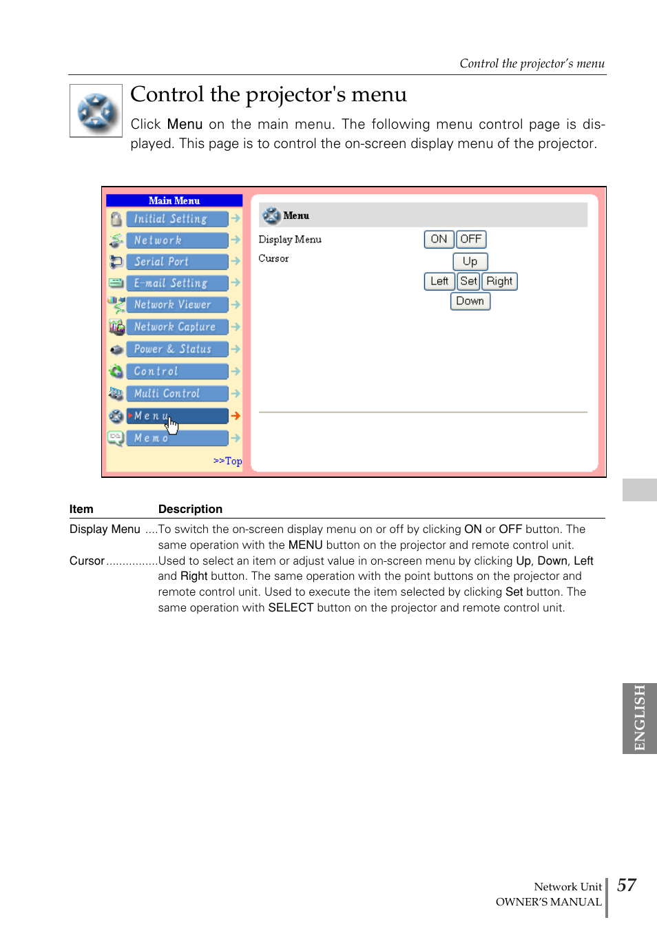 Control the projector's menu | Eiki PjNET-20 User Manual | Page 57 / 114