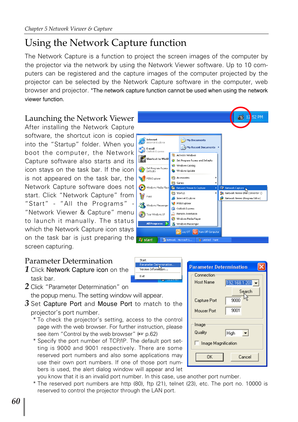Using the network capture fu, Launching the network viewer, Parameter determination | Using the network capture function | Eiki PjNET-20 User Manual | Page 60 / 114