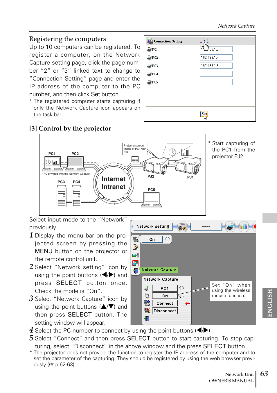 Registering the computers, 3] control by the projector, Internet intranet | Eiki PjNET-20 User Manual | Page 63 / 114