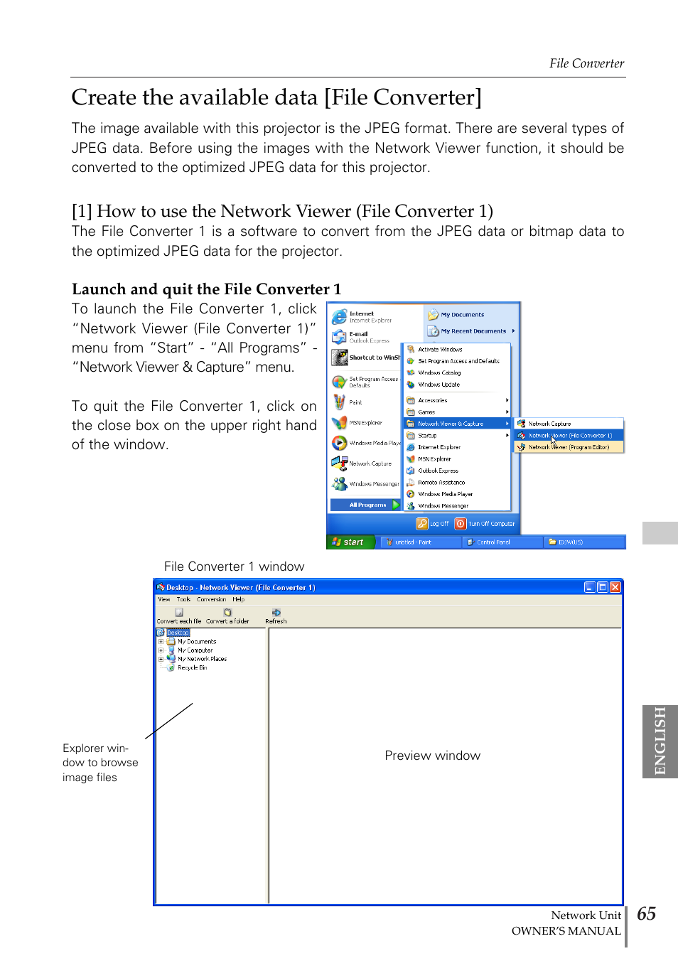 Create the available data [f, 1] how to use the network v, Create the available data [file converter | Eiki PjNET-20 User Manual | Page 65 / 114