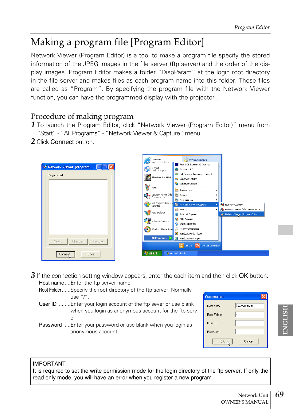 Making a program file [progr, Procedure of making program, Making a program file [program editor | Eiki PjNET-20 User Manual | Page 69 / 114