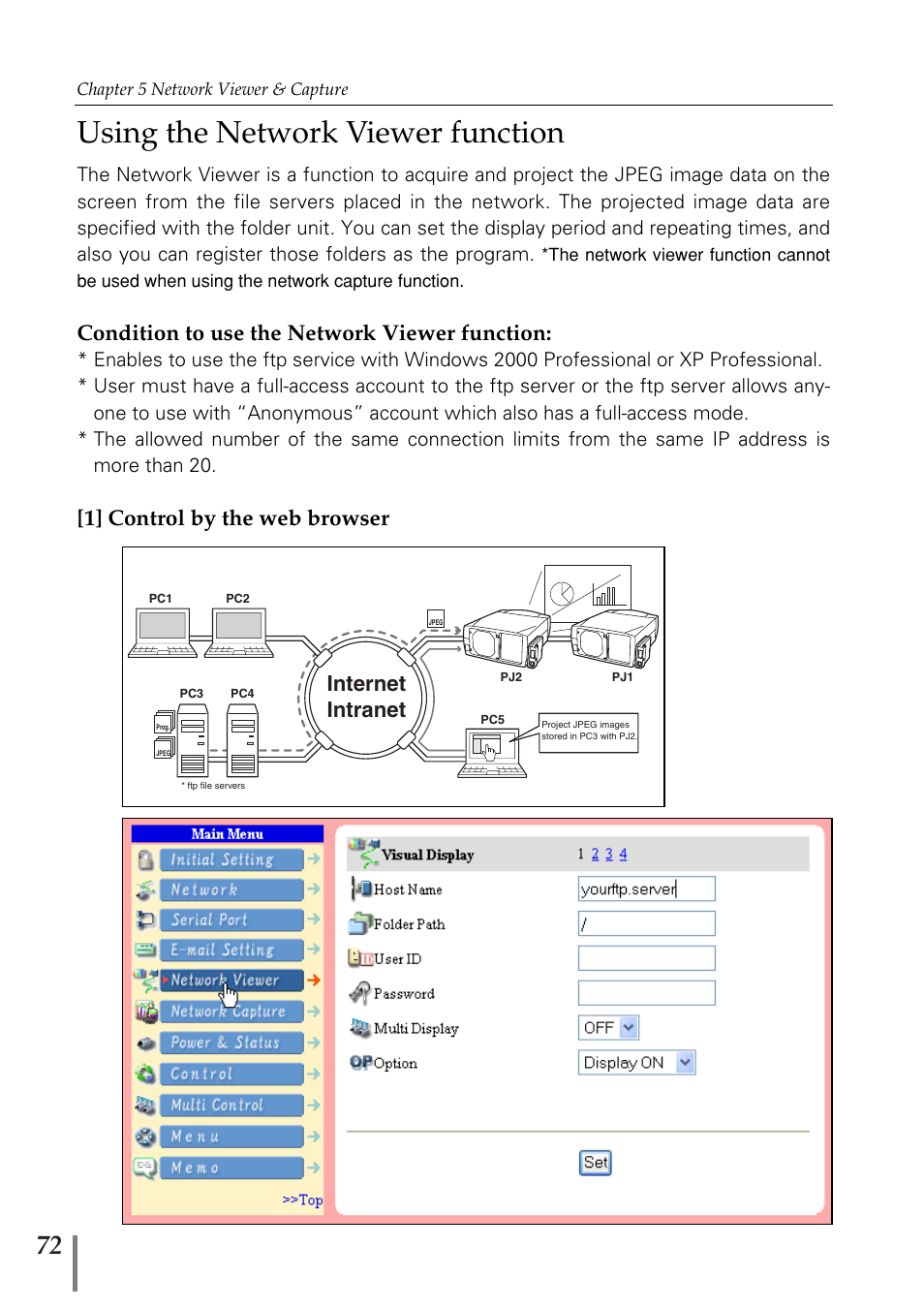 Using the network viewer fun, Using the network viewer function, Internet intranet | Condition to use the network viewer function, 1] control by the web browser | Eiki PjNET-20 User Manual | Page 72 / 114