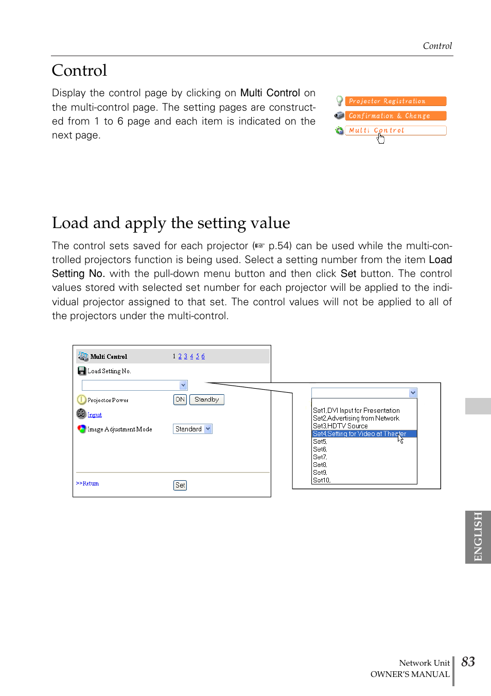 Control, Load and apply the setting v, Control load and apply the setting value | Load and apply the setting value | Eiki PjNET-20 User Manual | Page 83 / 114