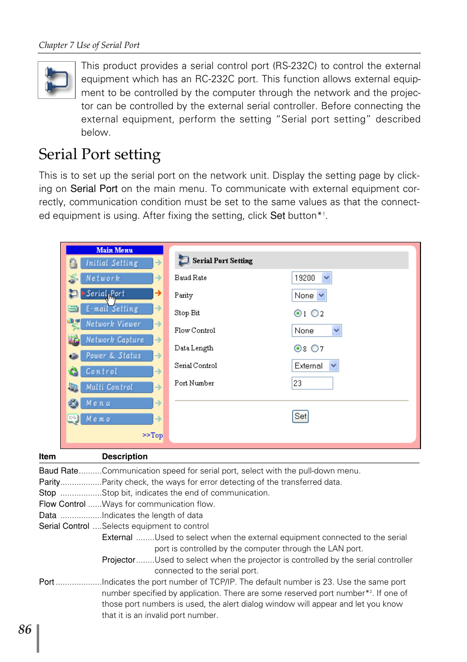 Serial port setting | Eiki PjNET-20 User Manual | Page 86 / 114