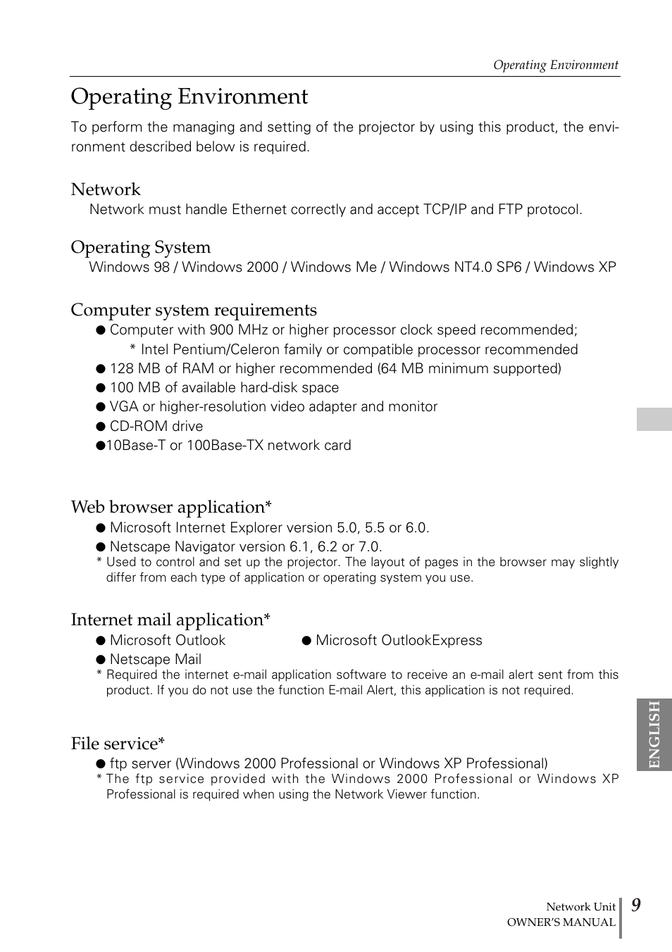 Operating environment, Network, Operating system | Computer system requirements, Web browser application, Internet mail application, File service | Eiki PjNET-20 User Manual | Page 9 / 114