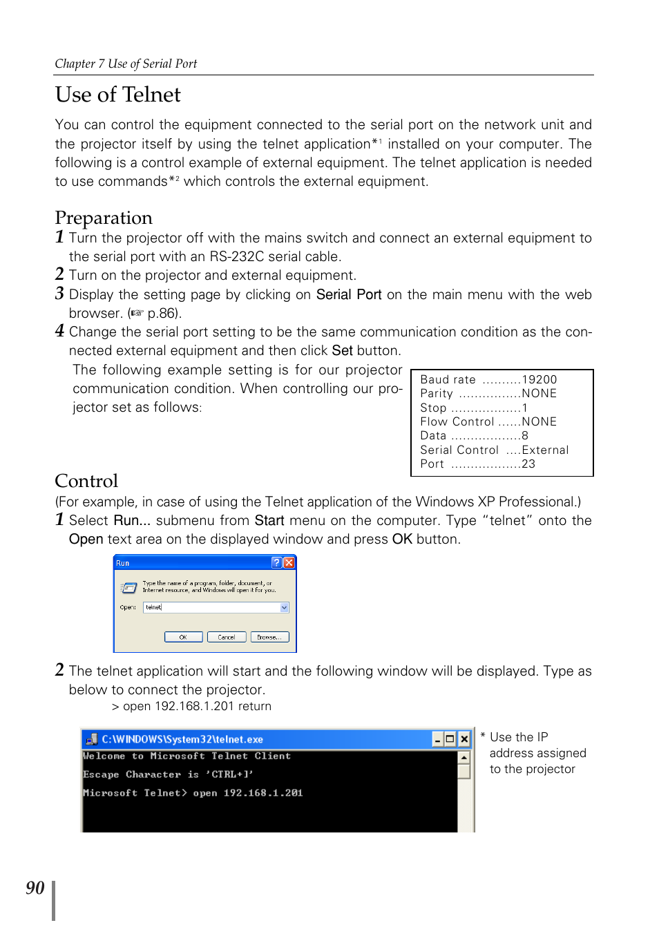 Use of telnet, Preparation 1, Control | Eiki PjNET-20 User Manual | Page 90 / 114