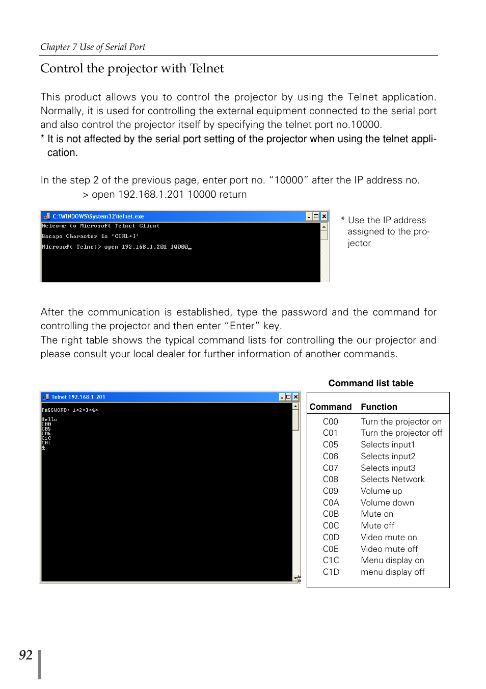 Control the projector with t, Control the projector with telnet | Eiki PjNET-20 User Manual | Page 92 / 114