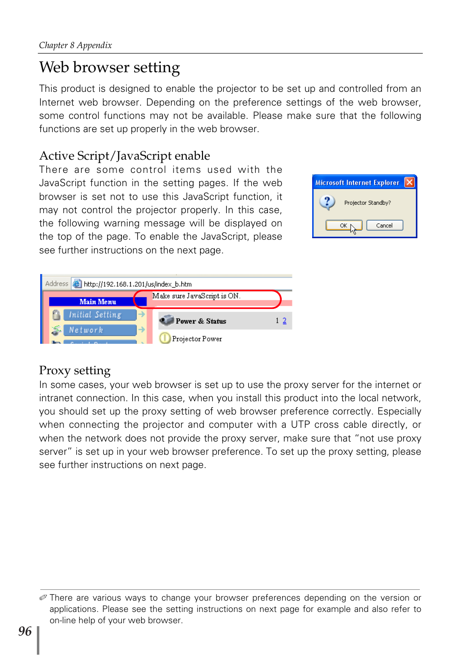 Web browser setting | Eiki PjNET-20 User Manual | Page 96 / 114