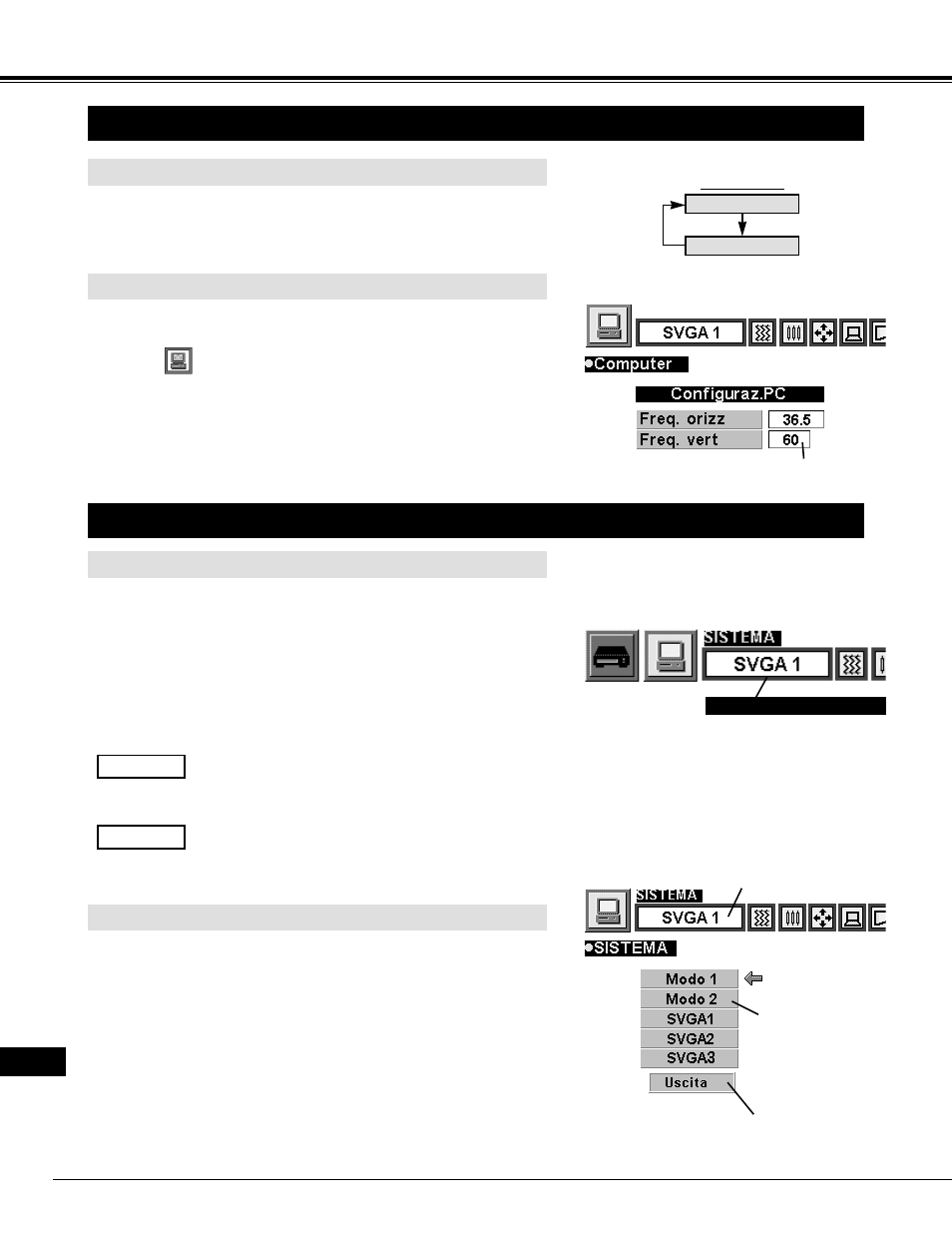 Modalità computer, Selezione della modalità computer, Selezione del sistema del computer | Operazione diretta, Uso del menu, Sistema di scansione multipla automatica, Selezione manuale del sistema del computer | Eiki LC-XNB2W User Manual | Page 136 / 191