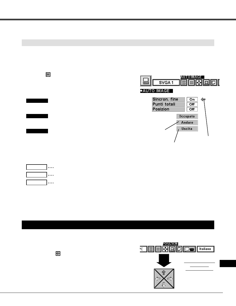 Regolazione della posizione dell’immagine, Modalità computer, Funzione di regolazione automatica dell’immagine | Eiki LC-XNB2W User Manual | Page 141 / 191