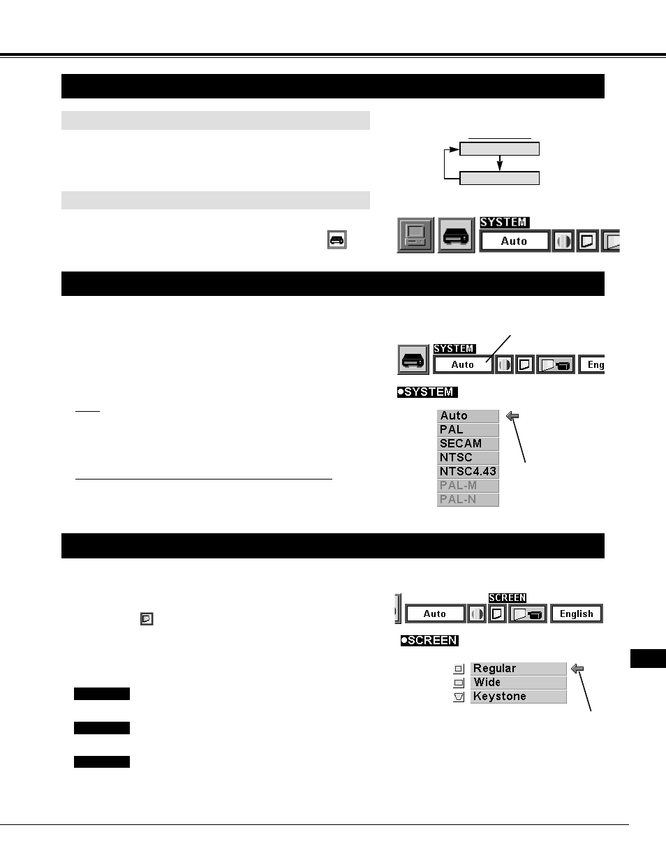 Video mode, Selecting video mode, Selecting color system | Picture screen adjustment, Direct operation, Menu operation | Eiki LC-XNB2W User Manual | Page 29 / 191