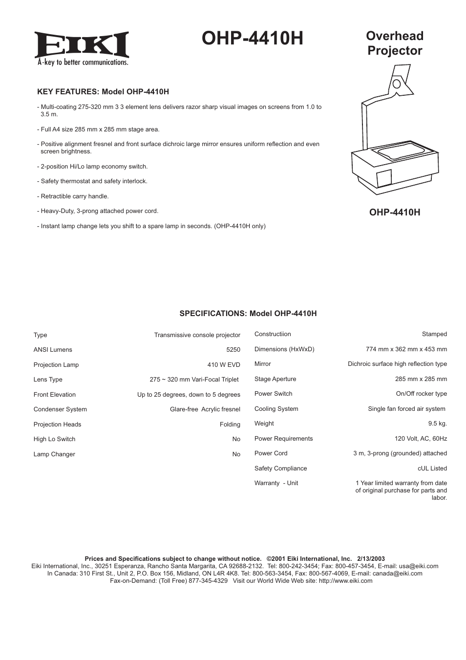 Eiki OHP-4410H User Manual | 1 page