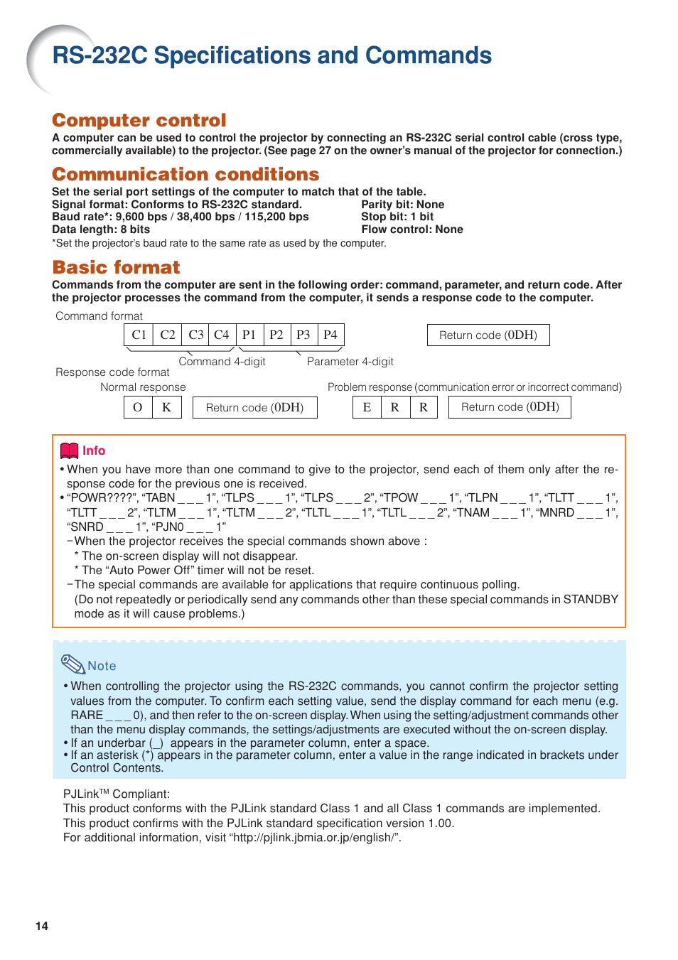 Rs-232c specifications and commands, Computer control, Communication conditions | Basic format | Eiki EIP-WX5000L User Manual | Page 14 / 59