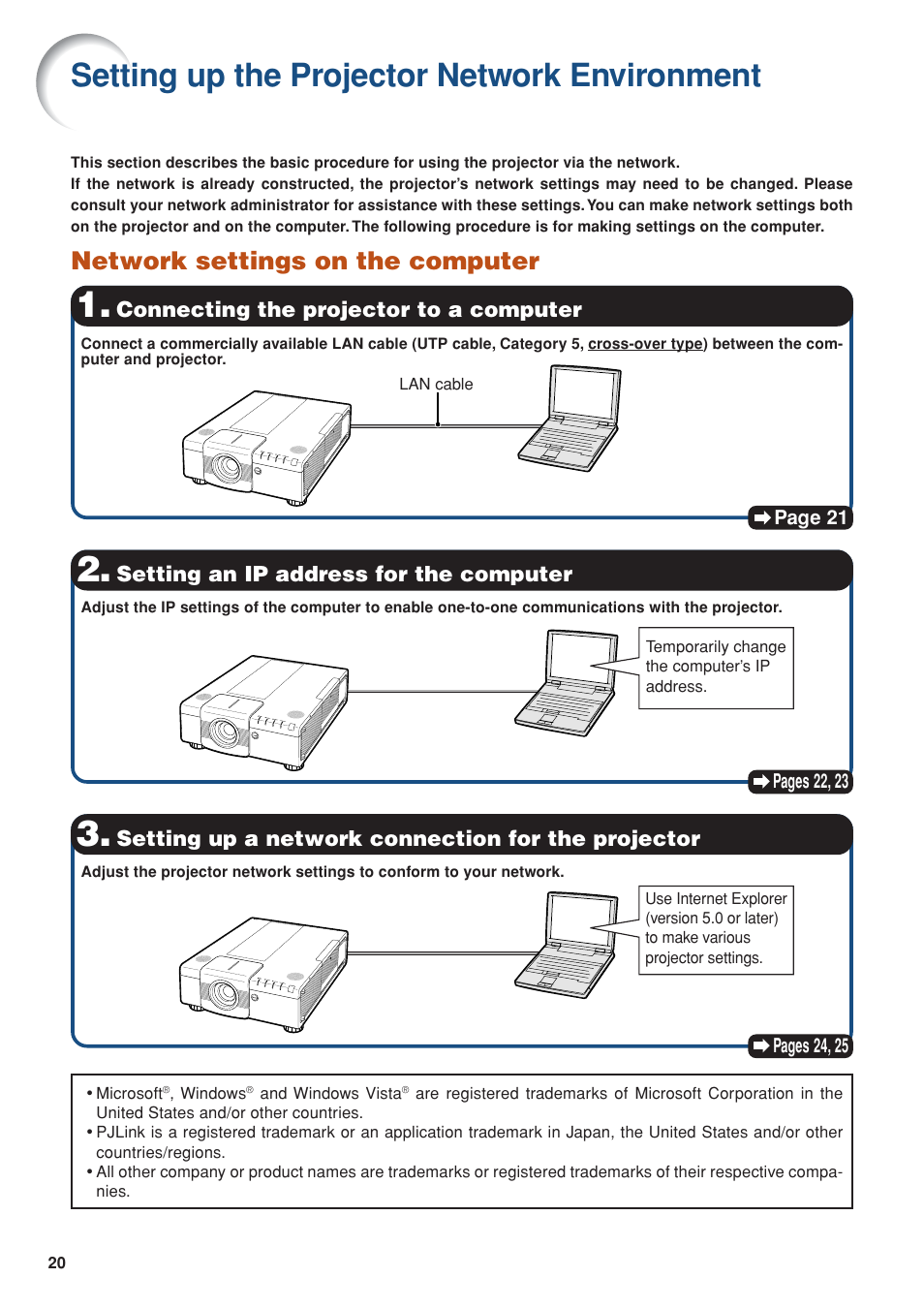 Setting up the projector network environment, Network settings on the computer | Eiki EIP-WX5000L User Manual | Page 20 / 59