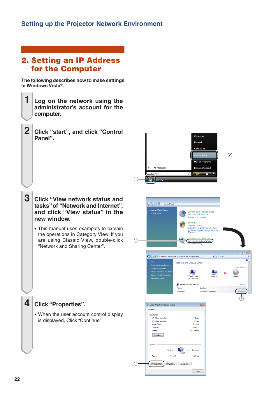 Setting an ip address for the computer | Eiki EIP-WX5000L User Manual | Page 22 / 59