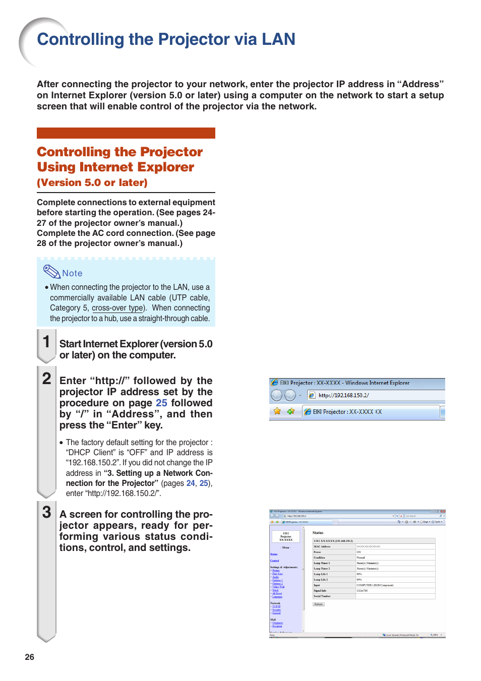 Controlling the projector via lan, Controlling the projector using internet explorer | Eiki EIP-WX5000L User Manual | Page 26 / 59