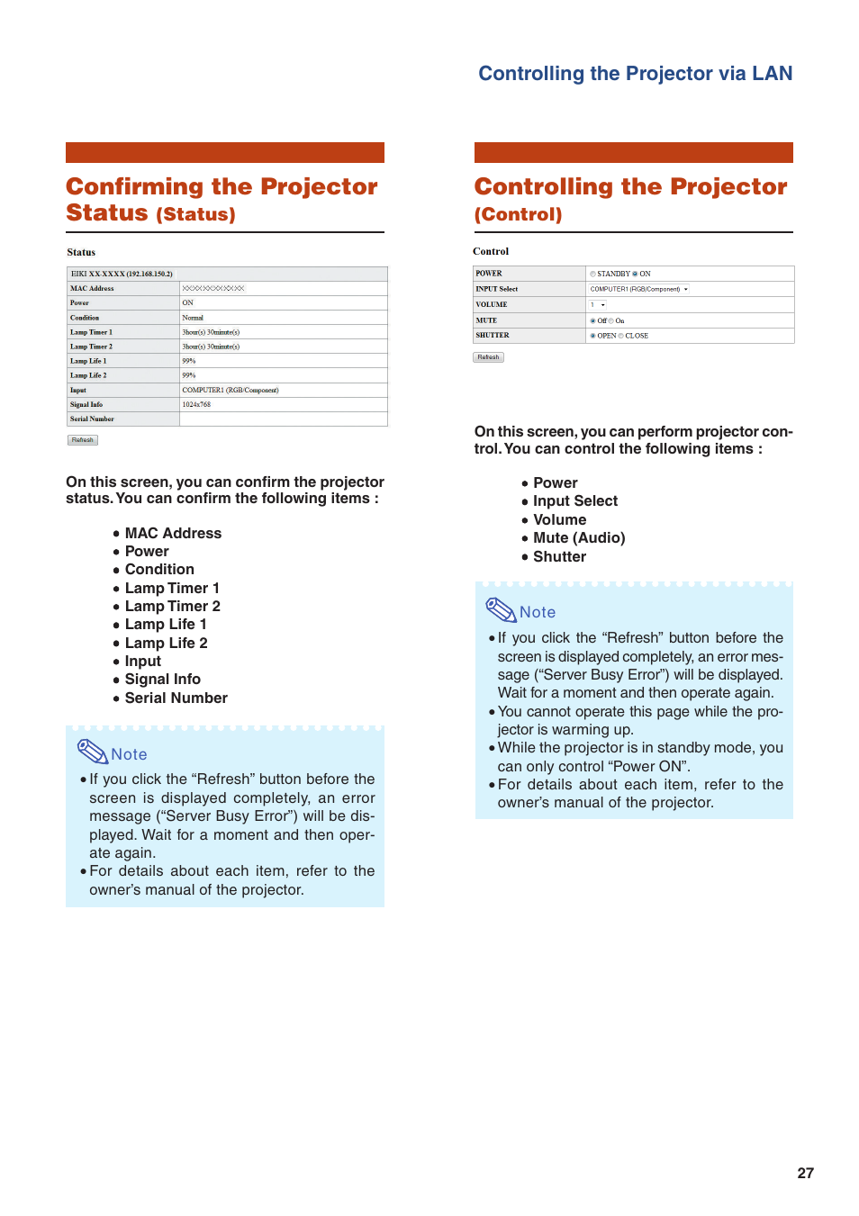 Confirming the projector status, Controlling the projector, Controlling the projector via lan | Status), Control) | Eiki EIP-WX5000L User Manual | Page 27 / 59