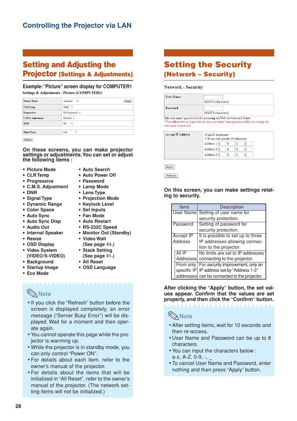Setting and adjusting the projector, Setting the security, Controlling the projector via lan | Settings & adjustments), Network – security) | Eiki EIP-WX5000L User Manual | Page 28 / 59
