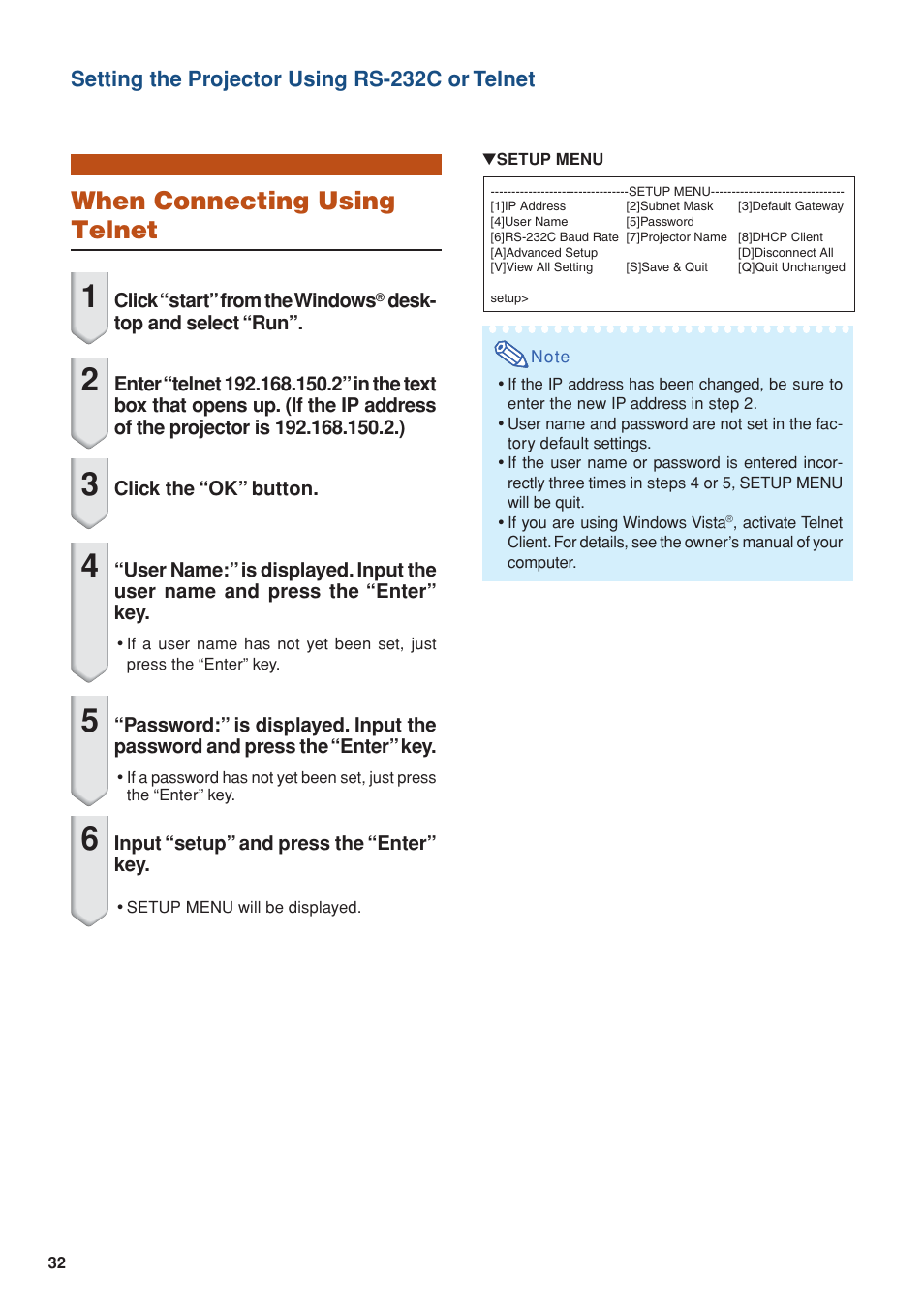 When connecting using telnet, Setting the projector using rs-232c or telnet | Eiki EIP-WX5000L User Manual | Page 32 / 59