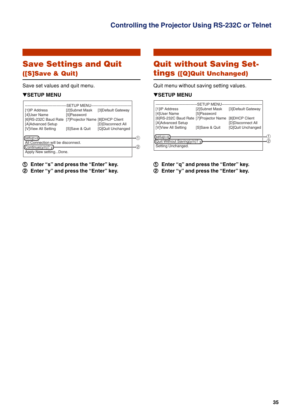 Save settings and quit, Quit without saving set- tings, Controlling the projector using rs-232c or telnet | S]save & quit), Q]quit unchanged) | Eiki EIP-WX5000L User Manual | Page 35 / 59