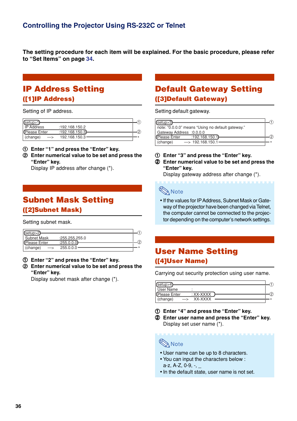 Ip address setting, Subnet mask setting, Default gateway setting | User name setting, Controlling the projector using rs-232c or telnet, 1]ip address), 2]subnet mask), 3]default gateway), 4]user name) | Eiki EIP-WX5000L User Manual | Page 36 / 59