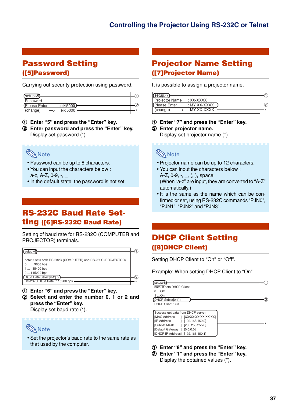 Password setting, Rs-232c baud rate set- ting, Projector name setting | Dhcp client setting, Controlling the projector using rs-232c or telnet, 5]password), 6]rs-232c baud rate), 7]projector name), 8]dhcp client) | Eiki EIP-WX5000L User Manual | Page 37 / 59