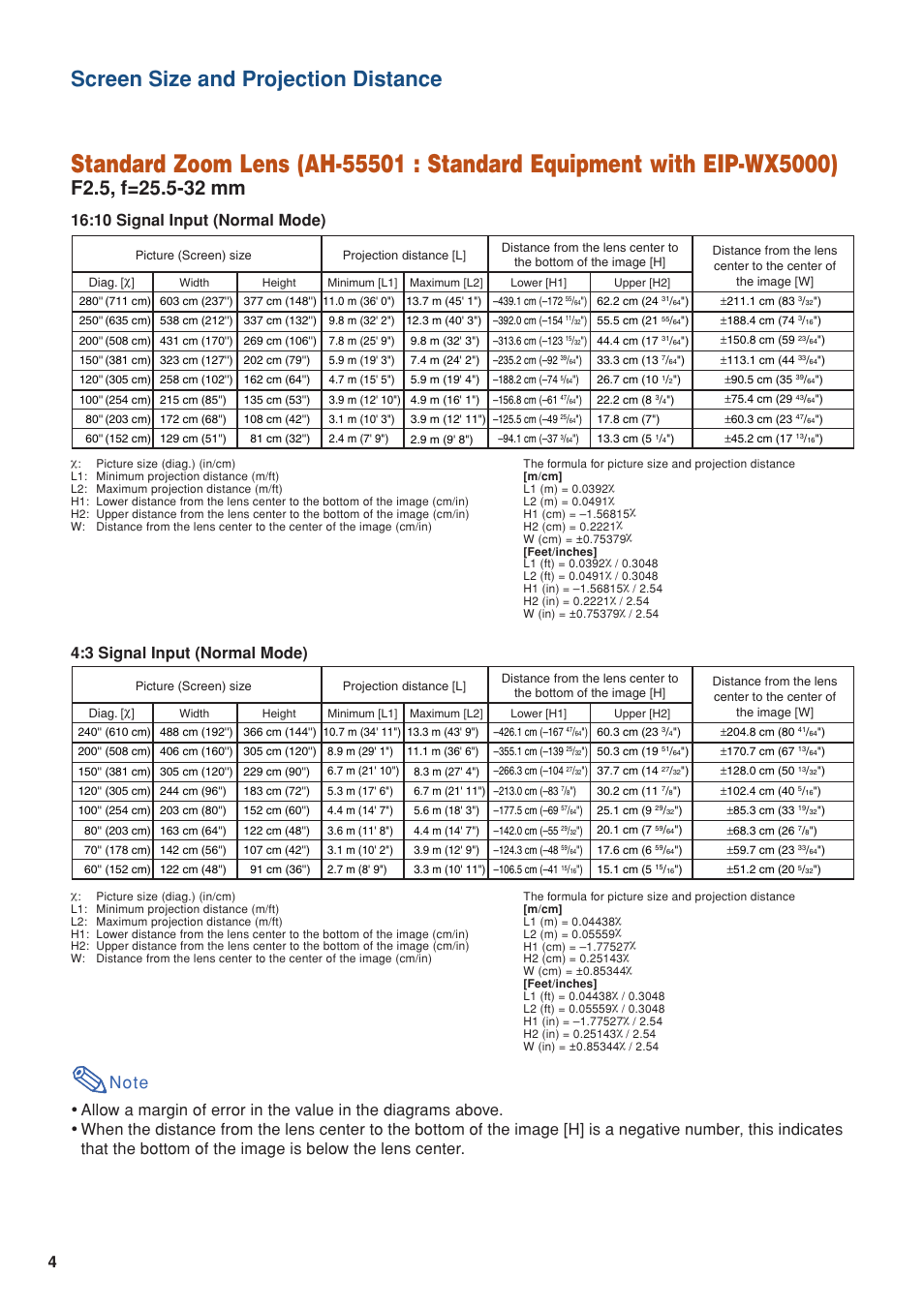 Screen size and projection distance, 10 signal input (normal mode), 3 signal input (normal mode) | Eiki EIP-WX5000L User Manual | Page 4 / 59