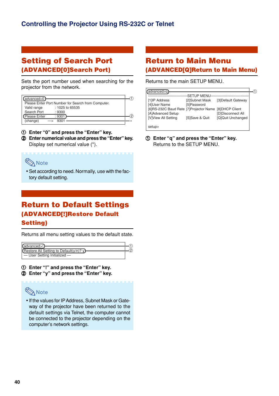 Setting of search port, Return to default settings, Return to main menu | Controlling the projector using rs-232c or telnet, Advanced[0]search port), Advanced[!]restore default setting), Advanced[q]return to main menu) | Eiki EIP-WX5000L User Manual | Page 40 / 59
