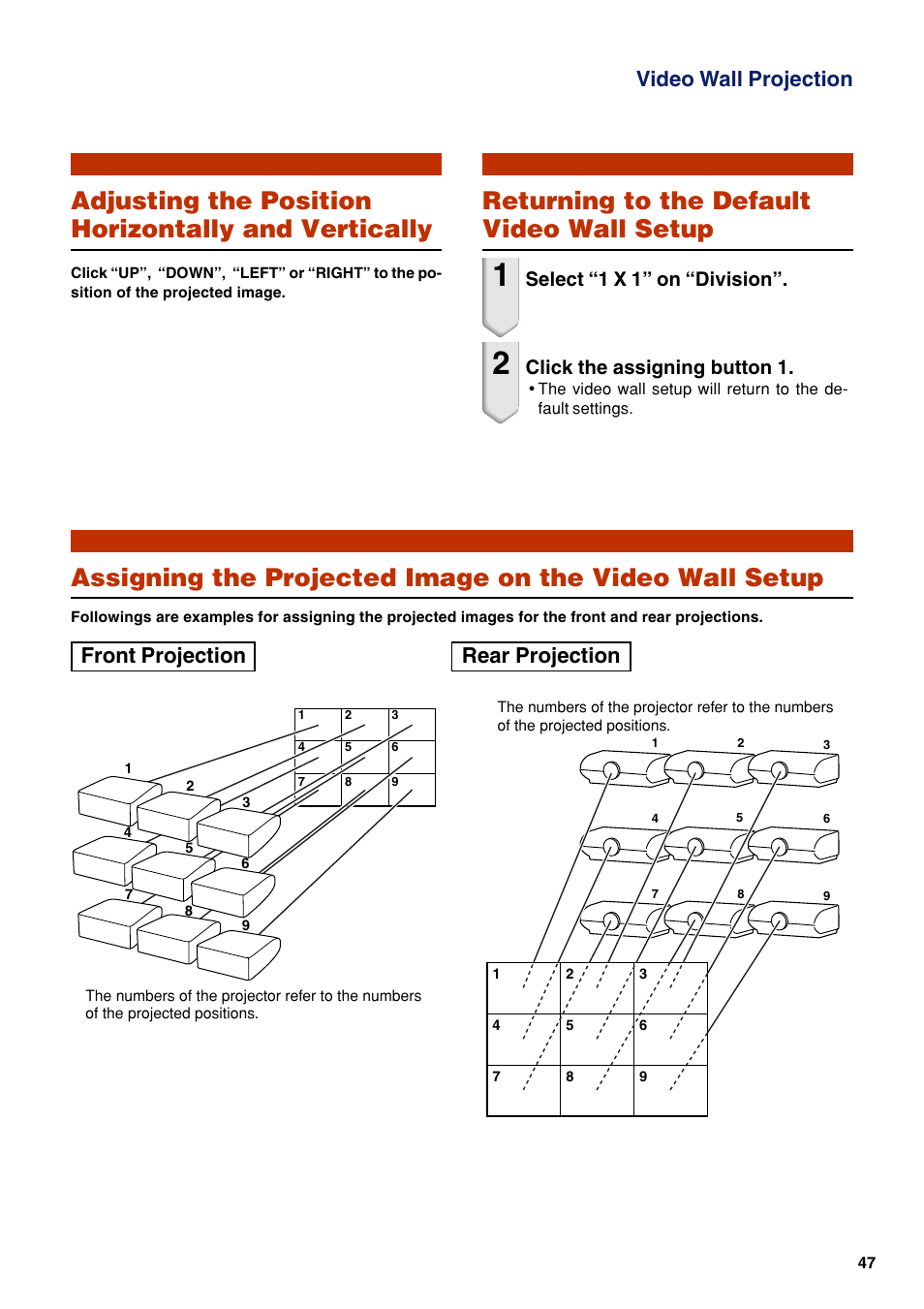 Adjusting the position horizontally and vertically, Returning to the default video wall setup, Video wall projection | Front projection rear projection, Select “1 x 1” on “division, Click the assigning button 1 | Eiki EIP-WX5000L User Manual | Page 47 / 59