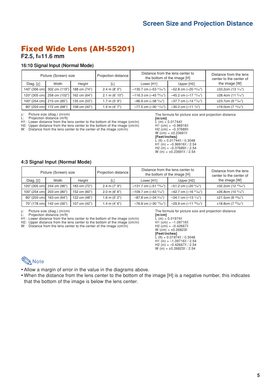 Screen size and projection distance, 10 signal input (normal mode), 3 signal input (normal mode) | Eiki EIP-WX5000L User Manual | Page 5 / 59