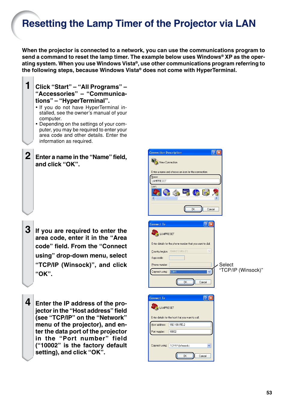 Resetting the lamp timer of the projector via lan | Eiki EIP-WX5000L User Manual | Page 53 / 59