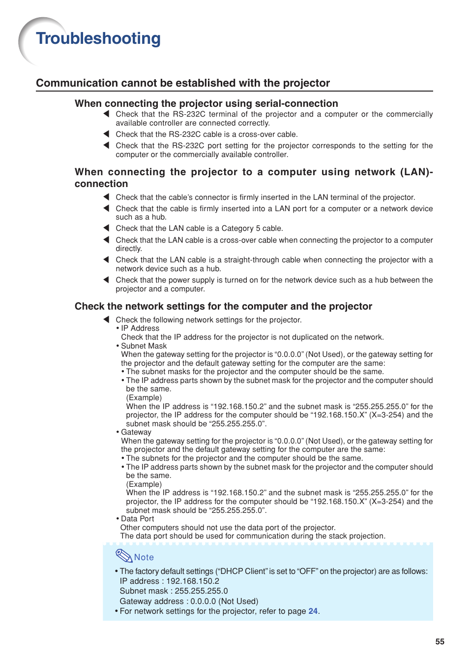 Troubleshooting | Eiki EIP-WX5000L User Manual | Page 55 / 59