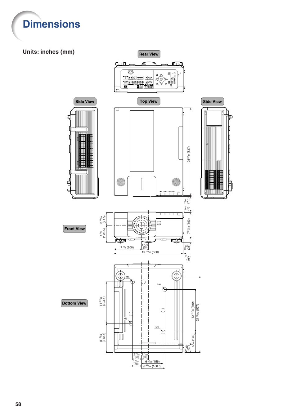 Dimensions, Units: inches (mm), Side view | Eiki EIP-WX5000L User Manual | Page 58 / 59