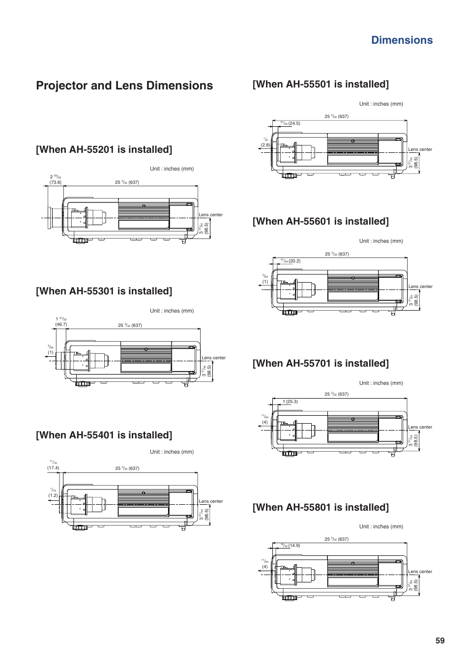 Projector and lens dimensions, Dimensions | Eiki EIP-WX5000L User Manual | Page 59 / 59