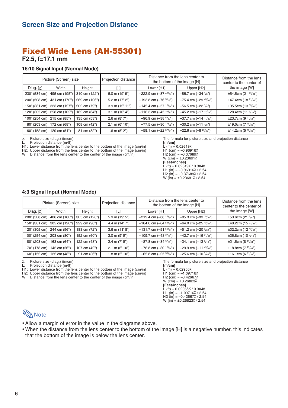Screen size and projection distance, 10 signal input (normal mode), 3 signal input (normal mode) | Eiki EIP-WX5000L User Manual | Page 6 / 59