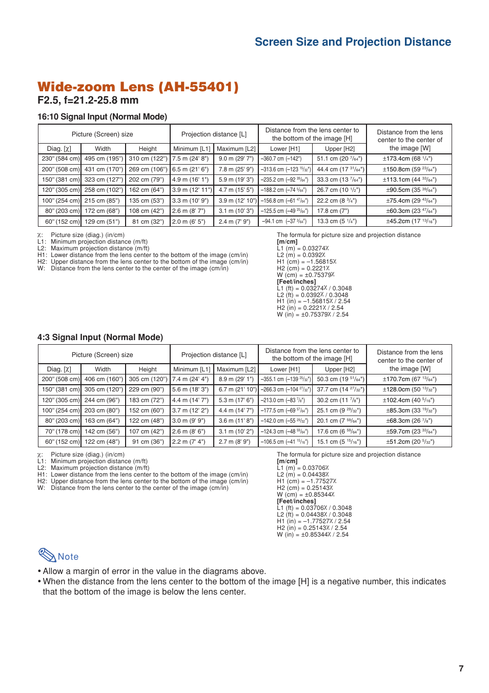 Screen size and projection distance, 10 signal input (normal mode), 3 signal input (normal mode) | Eiki EIP-WX5000L User Manual | Page 7 / 59