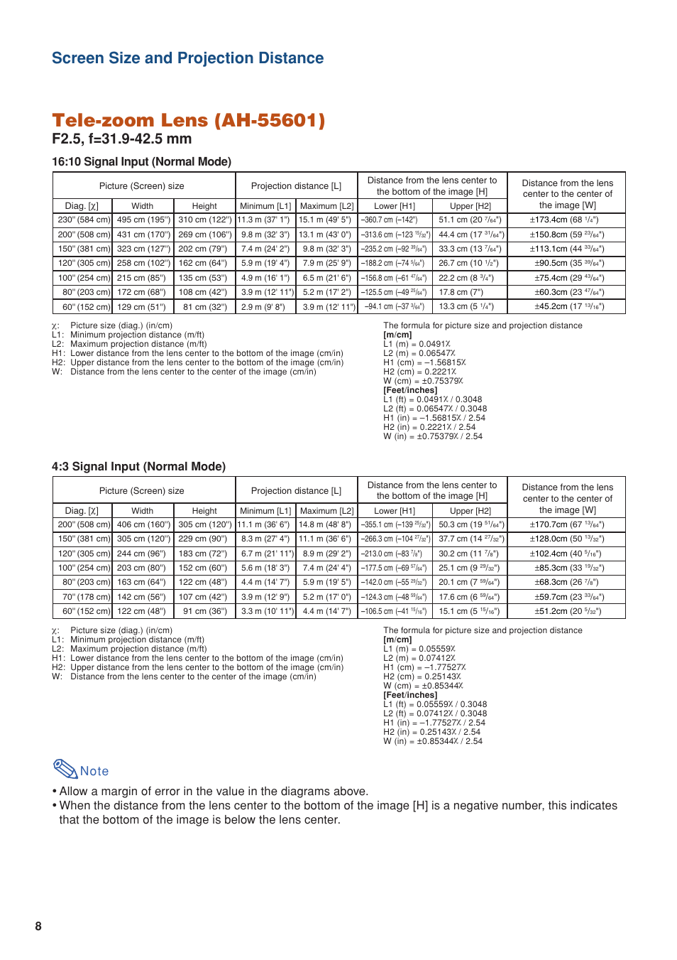 Screen size and projection distance, 3 signal input (normal mode) | Eiki EIP-WX5000L User Manual | Page 8 / 59