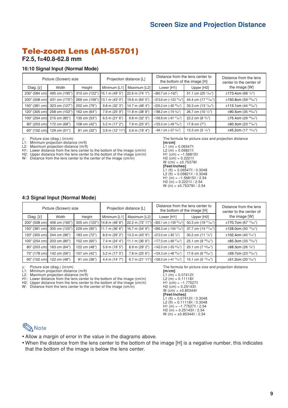 Screen size and projection distance, 3 signal input (normal mode) | Eiki EIP-WX5000L User Manual | Page 9 / 59